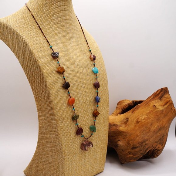 Vintage Southwest Native American Bear Fetish Multi Gemstone Necklace 30" - Picture 2 of 10